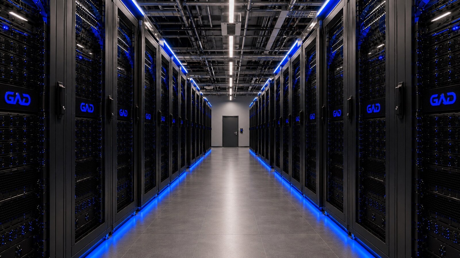 GAD Rechenzentrum. Server-Hall mit blau beleuchteten Racks